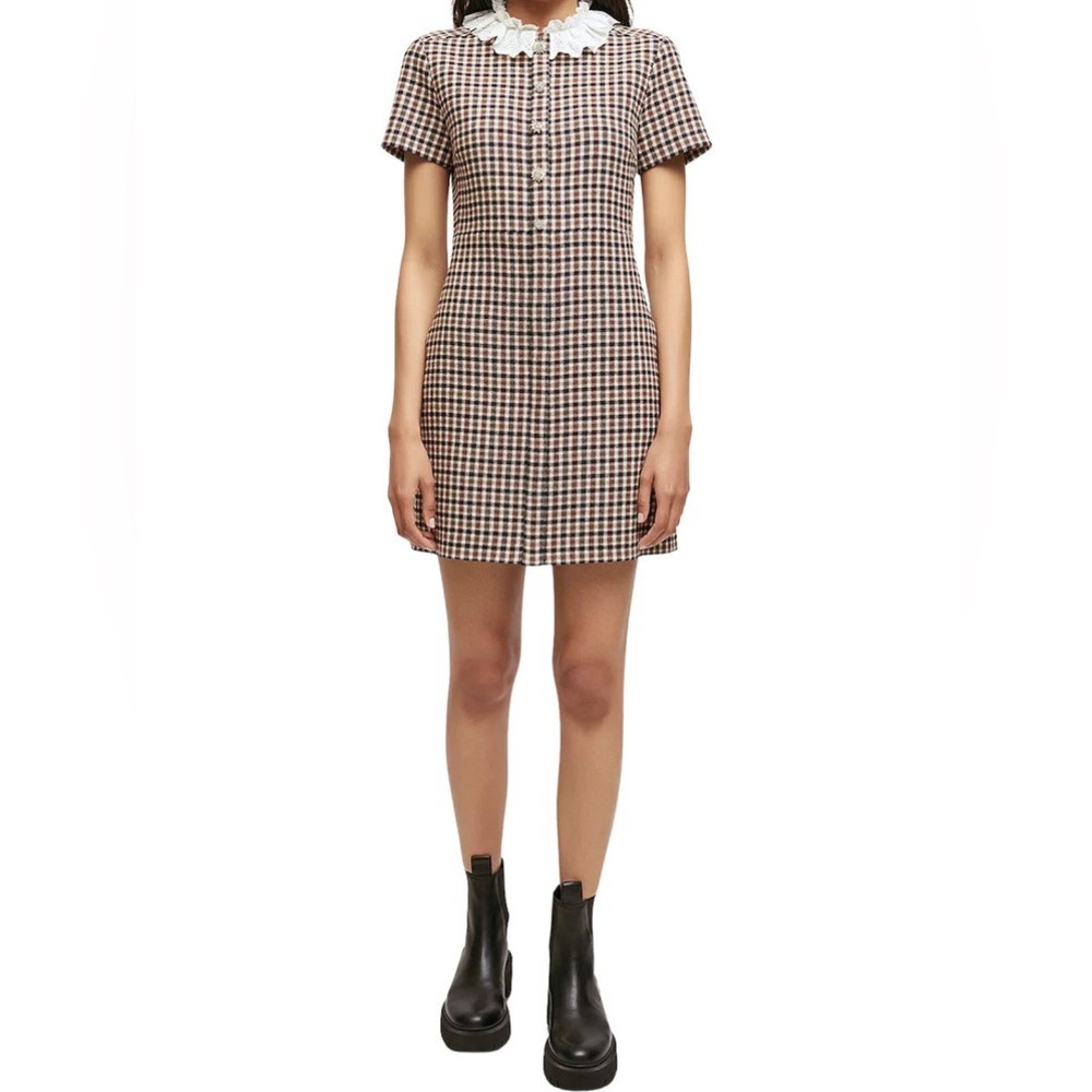 Maje | Plaid Lace Collar Dress | size 36, Small